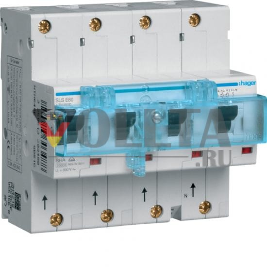Переключатель Hager HTN680E SLS 3-полюсный+N E-80A DIN-рейка