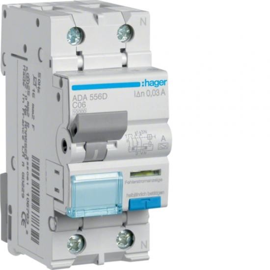Переключатель Hager ADA556D FI/LS 1-полюсный+N 10kA C6A 0.03AA