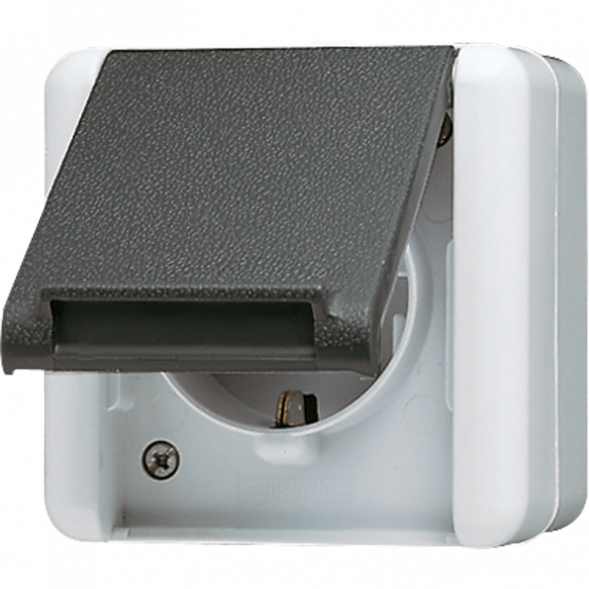Розетка SCHUKO Jung 820KIW, 16 А 250 В ~, встроенная повышенная защита от прикосновений, SAFETY+, откидная крышка, вертикальная, IP 44, WG 800