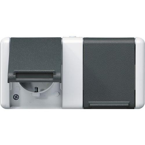 Jung 8220-1W SCHUKO® двойная розетка, 4 кабельных ввода, 1 крышка, 16 A 250 В ~, откидная крышка, горизонтальная, IP 44, WG 800