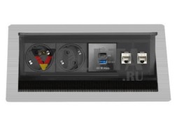EVOline FlipTop Push Medium — розеточный модуль встраиваемый с USB, HDMI и RJ45, 65 Вт зарядка, нерж. сталь
