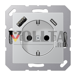 Розетка SCHUKO Jung A1520-15CAAL 16 A 250 В ~, с зарядным устройством USB 1 x тип A + 1 x тип C, встроенная повышенная защита от прикосновений, SAFETY+, серия A, алюминий